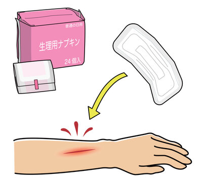 怪我の止血に生理用ナプキンを使うイメージ図