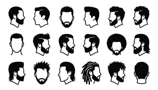 Fifteen diverse male head silhouettes featuring various beard styles and haircuts isolated on white vector graphic