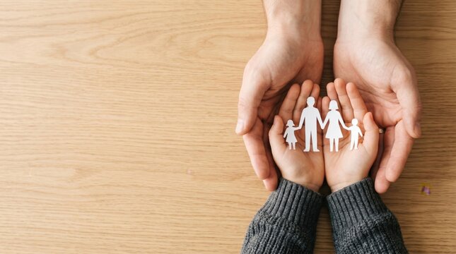 Top view of adult hands gently holding small paper cutout family figures, symbolizing parental care, child protection, insurance coverage, social security and loving support for...