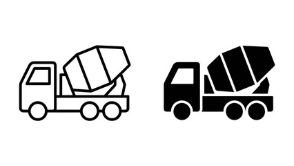 Concrete Mixer Truck Icons: A graphic representation of a concrete mixer truck, shown in both outline and solid black silhouette, symbolizing construction and industry. © Nadim