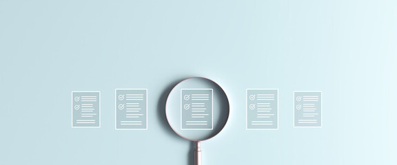 Magnifying glass examining checklist document icon, focused on business audit and compliance...