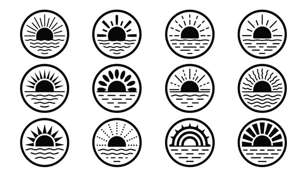 Twelve black and white sun over water circular vector icons with various horizon styles