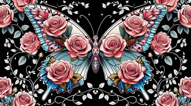 Beautiful butterfly illustration made with pink rose flower patterns isolated on white background