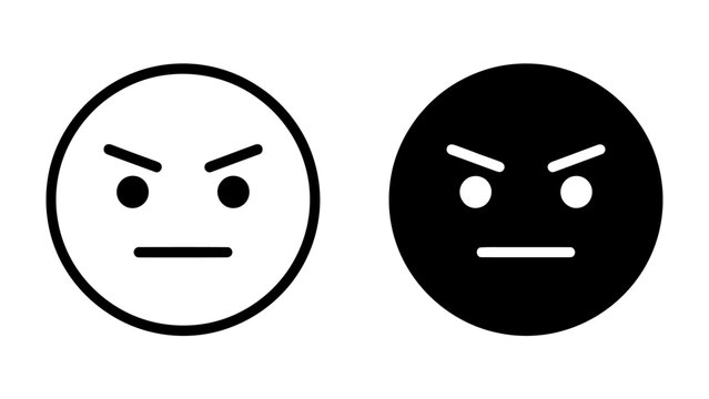 Angry Faces: Two emoticon faces, one outlined and one solid black, display intense anger with furrowed brows and stern mouths, conveying strong negative emotion.