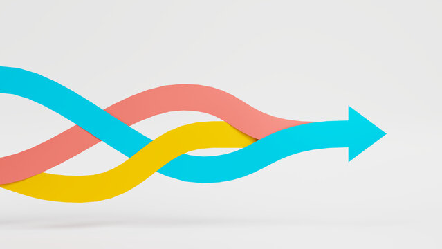 Three colored ribbons intertwining to form a single pointer arrow, floating over a clean white background representing unified direction and synergy