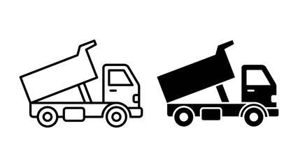 Fototapeta premium Dump Truck Icon: A clean, graphic representation of a dump truck, showcasing its lifting bed in both an outlined and solid black version.
