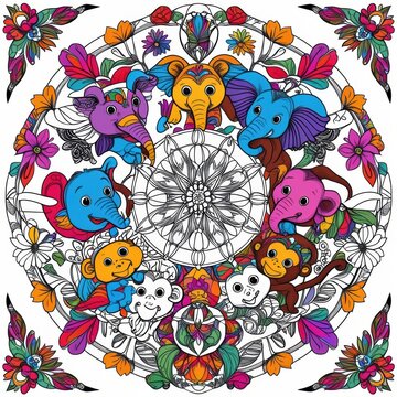 Colorful elephant and animal mandala art illustration for coloring isolated on white background