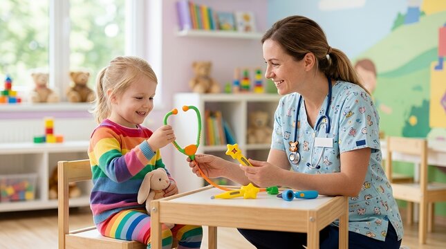 A happy young girl in a rainbow shirt plays doctor with a friendly woman in scrubs, using toy medical instruments in a bright, colorful playroom setting.