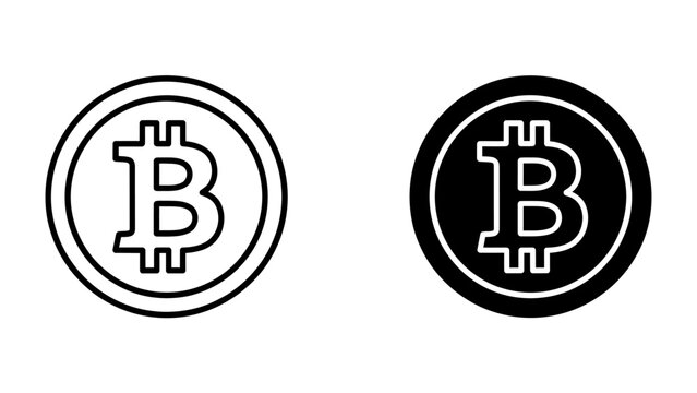 Bitcoin Coin Icons: A set of two stylized icons representing the cryptocurrency Bitcoin, one in outline and the other in solid black, symbolizing digital currency and financial technology.