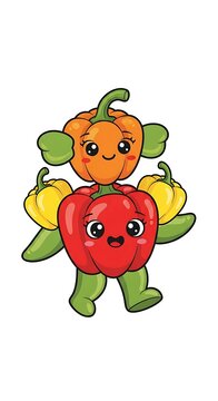 Cute Cartoon Bell Pepper Character Standing with Pumpkin Head on White Background