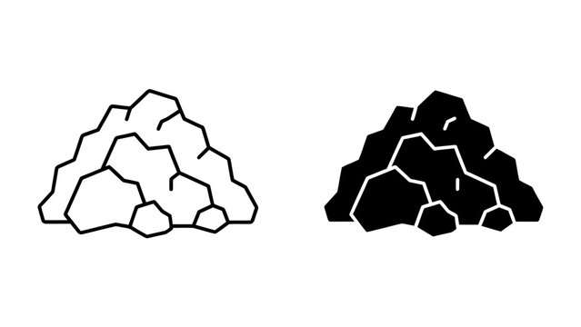 Pile of Stones Icon: A set of simple vector graphic icons depicting a pile of rough, angular stones, presented in both outline and solid black fill styles.
