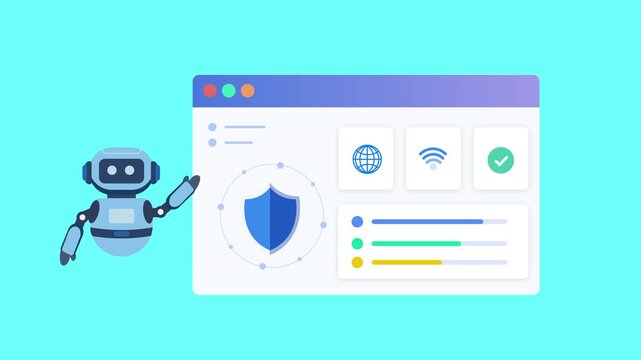 Modern flat vector animation of an AI security monitoring dashboard with virtual assistant, cybersecurity shield, biometric authentication, verification status, and protection analytics. Ideal for art