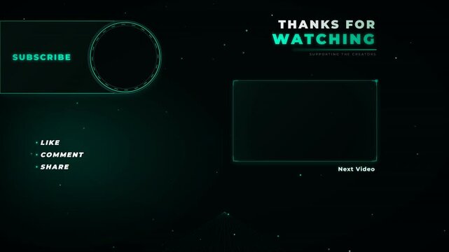 High-tech digital end screen template for video content creators featuring placeholders for subscription and next video suggestions.