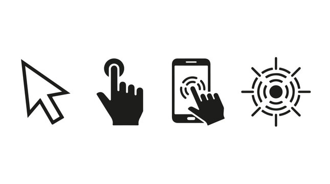 Set of four black and white icons representing computer mouse cursor touch gesture and touchscreen interaction