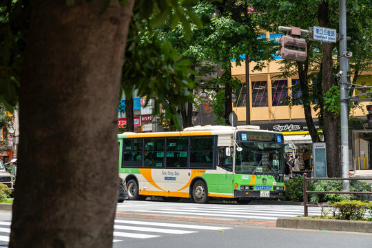 TOSHIMA, TOKYO, JAPAN - JULY 8, 2026: A green and yellow Toei public transit bus driving through an urban intersection, partially framed by green roadside trees in Toshima-ku, Tokyo.