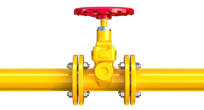 Yellow gas pipeline with red shut off valve 3d