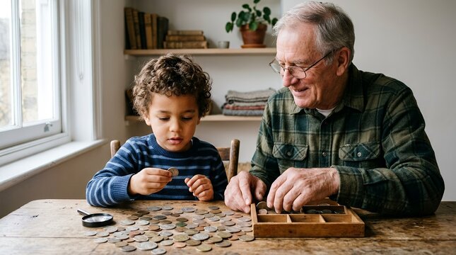 An elderly man and a young boy are sitting at a wooden table, carefully sorting and examining a collection of coins together.