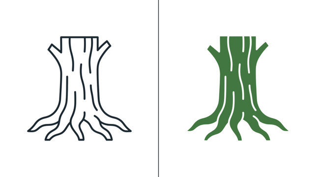 Two stylized tree stump illustrations in outline and solid green styles.