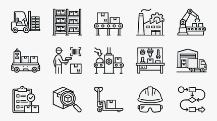 Fototapeta premium Modern Black and White Line Icons Set Featuring Industrial Warehouse and Logistics Equipment with high quality professional line art symbols for modern creative design and digital branding projects