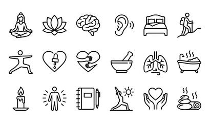 Fototapeta premium Self Care and Meditation Outline Icons – Editable Stroke Mindfulness Vector Collection