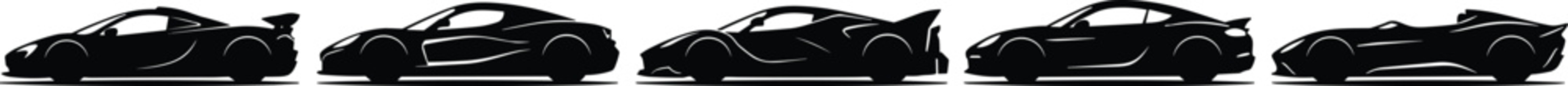 Collection of exotic sports car silhouettes in side profile for automotive racing and luxury car branding concepts