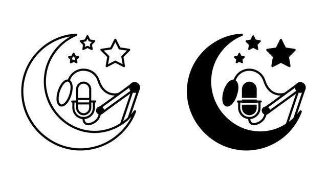 Cosmic Broadcast: A stylized graphic featuring a microphone and moon surrounded by stars, representing podcasting or creative broadcasting under the night sky.