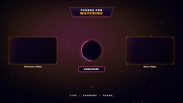 Futuristic neon end screen template for social media video creators featuring subscribe and video suggestion boxes.