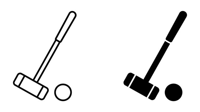 Croquet Mallet and Ball Icons: A minimalist graphic representation of a croquet mallet and ball, presented in both outline and solid black styles, suitable for game-related design elements.