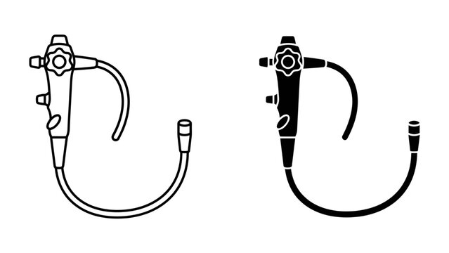 Medical Endoscope Icon: A medical endoscope, depicted in both line art and silhouette, features a flexible tube and detailed handle, symbolizing advanced diagnostic tools and healthcare technology.