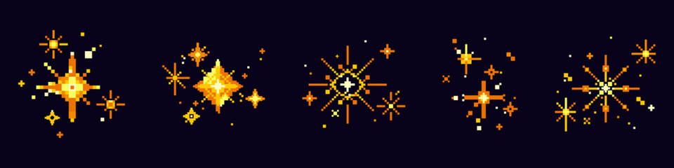 Pixel art star icons, vibrant y2k firework sparkles, digital vector graphics for retro 8-bit games, neon party symbols on black background. Design elements, star burst with bright glowing effect © klyaksun