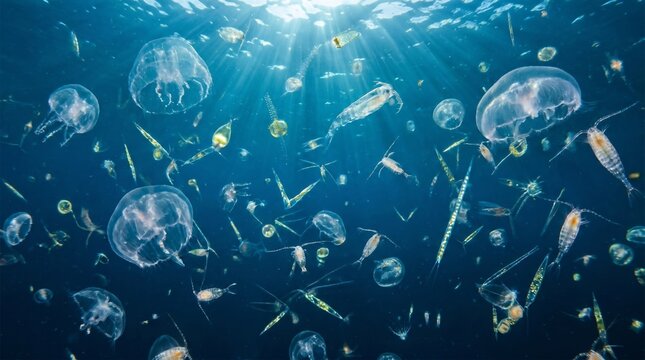 Jellyfish and Plankton in Deep Ocean. Jellyfish and plankton swimming in deep blue ocean. Sun rays shining from the surface. Marine life, underwater ecosystem, ocean biology, nature background.