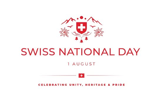 Swiss National Day Celebration August 1: Mountains, Flag, Alphorn, Goat, Edelweiss Illustration, Swiss National Day Celebration 1 August Typography
