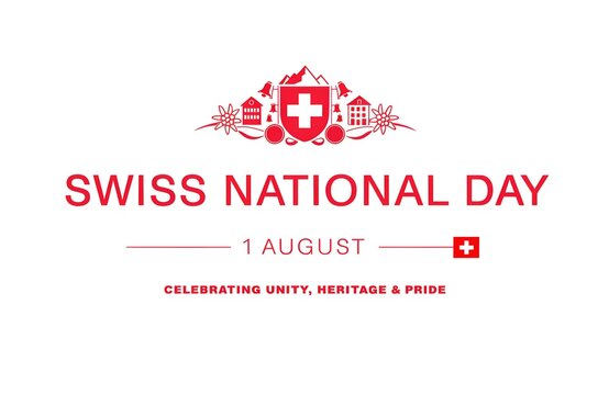 Swiss National Day Celebration August 1: Mountains, Flag, Alphorn, Goat, Edelweiss Illustration, Swiss National Day Celebration 1 August Typography