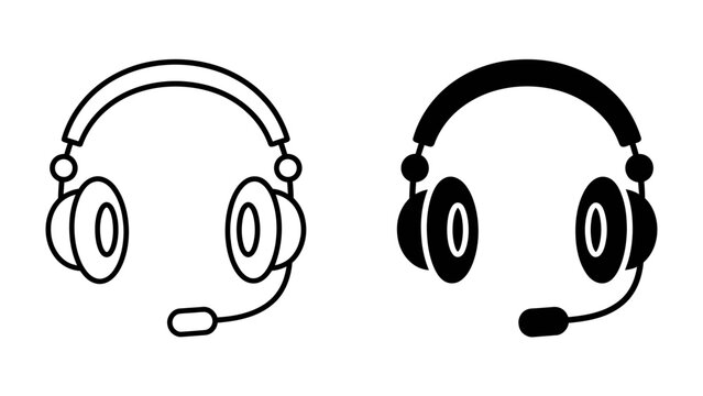 Headset Icons: Simple line art and solid silhouette icons of a headset with a microphone, perfect for representing communication, support, or audio technology.