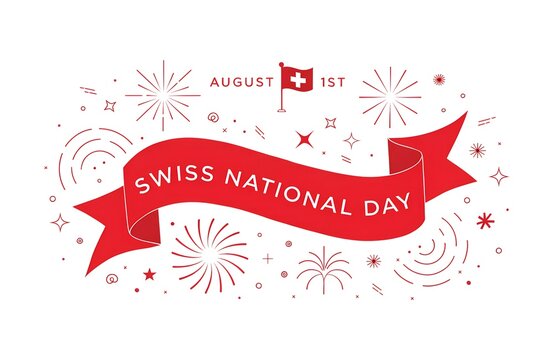Swiss National Day Celebration August 1: Mountains, Flag, Alphorn, Goat, Edelweiss Illustration, Swiss National Day Celebration 1 August Typography