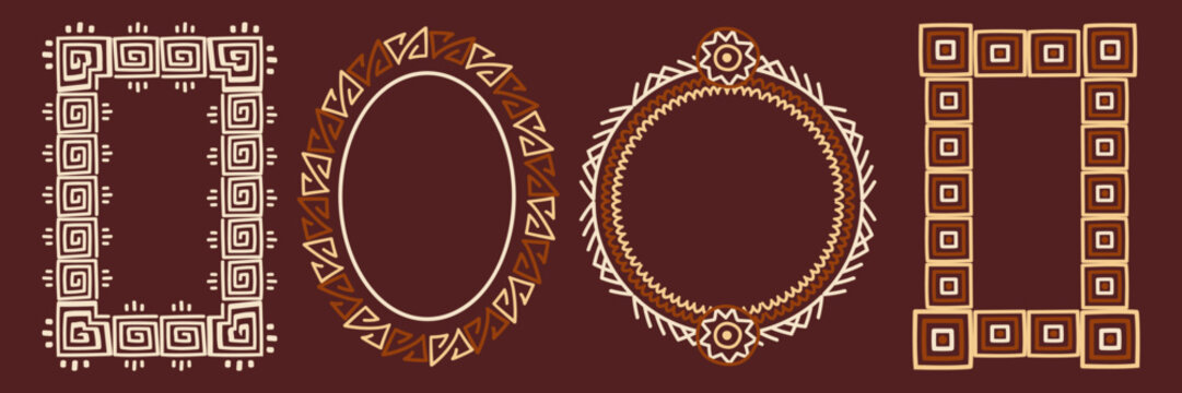 African tribal frames with hand drawn pattern, ethnic motifs and ancient symbols. Vector primitive doodle borders, folk rectangular designs, traditional Adinkra and Aztec poster elements, afro prints