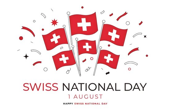 Swiss National Day Celebration August 1: Mountains, Flag, Alphorn, Goat, Edelweiss Illustration, Swiss National Day Celebration 1 August Typography
