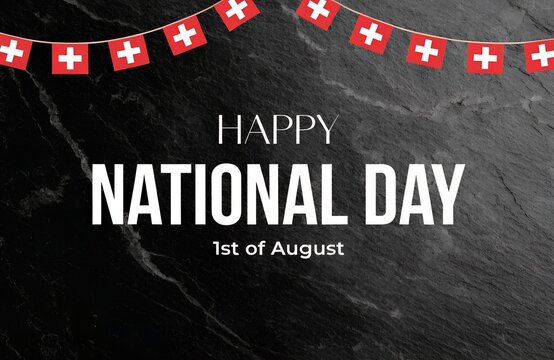 Swiss National Day Celebration August 1: Mountains, Flag, Alphorn, Goat, Edelweiss Illustration, Swiss National Day Celebration 1 August Typography