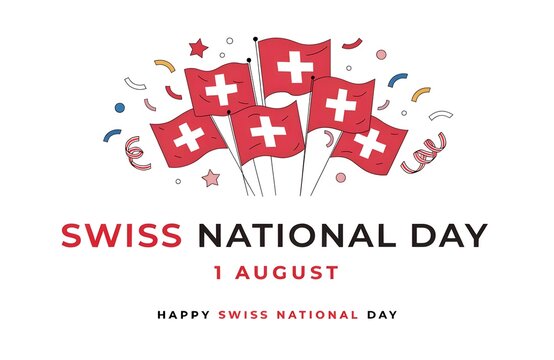 Swiss National Day Celebration August 1: Mountains, Flag, Alphorn, Goat, Edelweiss Illustration, Swiss National Day Celebration 1 August Typography