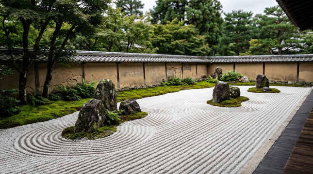 Traditional Japanese karesansui zen rock garden with raked gravel patterns and stones in Kyoto temple