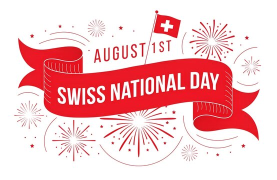 Swiss National Day Celebration August 1: Mountains, Flag, Alphorn, Goat, Edelweiss Illustration, Swiss National Day Celebration 1 August Typography