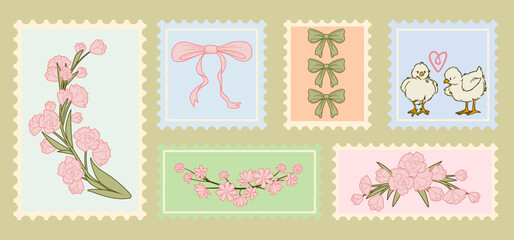 Naklejka premium Retro spring stamps with pink floral pattern. Vector set of vintage postage icons with flowers, coquette ribbon bow and chicken, abstract botanical vector elements, Easter design in pastel colors