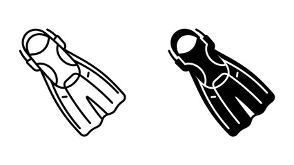 Flippers in outline and silhouette: Two snorkeling flippers presented in both outline and solid silhouette style, representing underwater exploration and aquatic activities. © Md