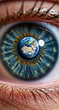 Detailed Blue Human Eye Reflecting Earth in Macro Closeup