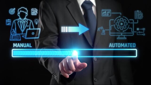 Illustration of Transition from Manual to Automated Processes with Businessman Touching Digital Interface for Efficiency and Innovation. Liminal.
