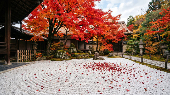 Japanese zen garden in autumn with red maple leaves on white raked gravel, Kyoto scenery