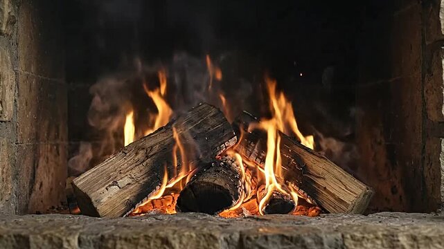 A bright fire burns inside a rustic stone fireplace hearth