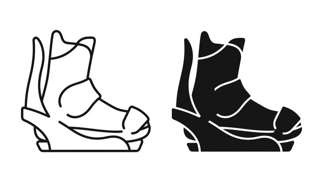 Ski Boots Silhouette: A clean, minimalist illustration of ski boots presented in both outline and solid black form, perfect for graphic design and sporting themes.