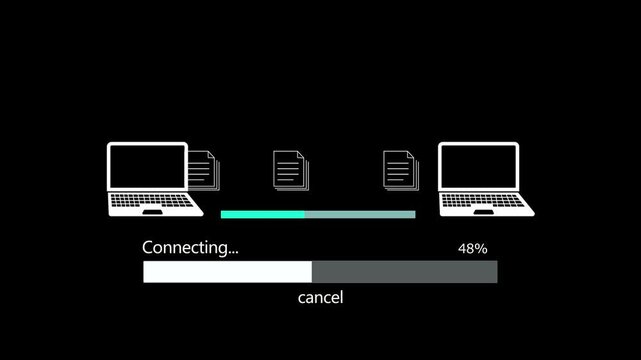 A motion graphic animation of two laptop computers connected displaying files transferring data with a loading bar.