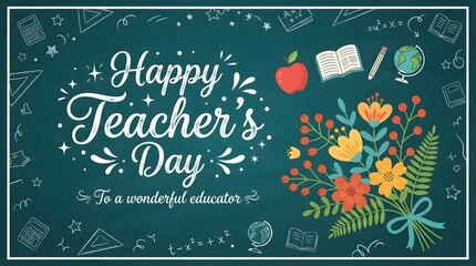 Naklejka premium Happy teacher's day floral illustration with school supplies on teal chalkboard background
